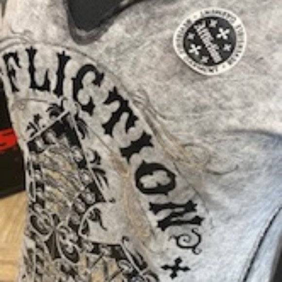 Cute Women's Black/Grey Reversible Affliction Tee, Size Large - Picture 2 of 7